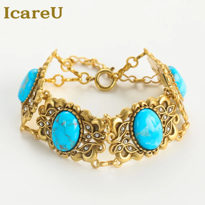 

IcareU Vintage Turquoise Jewelry Charm Bracelets Italian For Woman 18k Real Gold Color Leaf Rhinestones Luxury Quality Designers