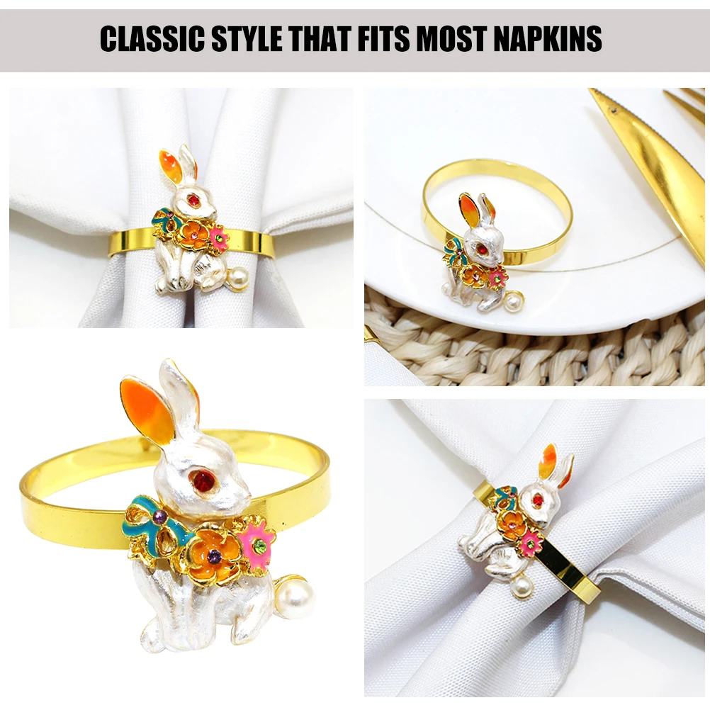 

6pcs Rabbit Rings White Metal Easter Decor Dining Table Napkin nament Table Serviette Holders Classic Party Accessories