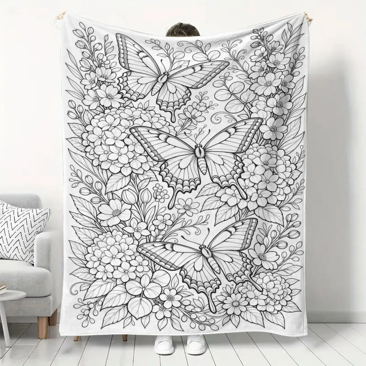 Clean White Background Butterfly Blossom Foliage Outline Art Print Flannel Blanket Soft Throw for Couch Travel Indoor Home Decor