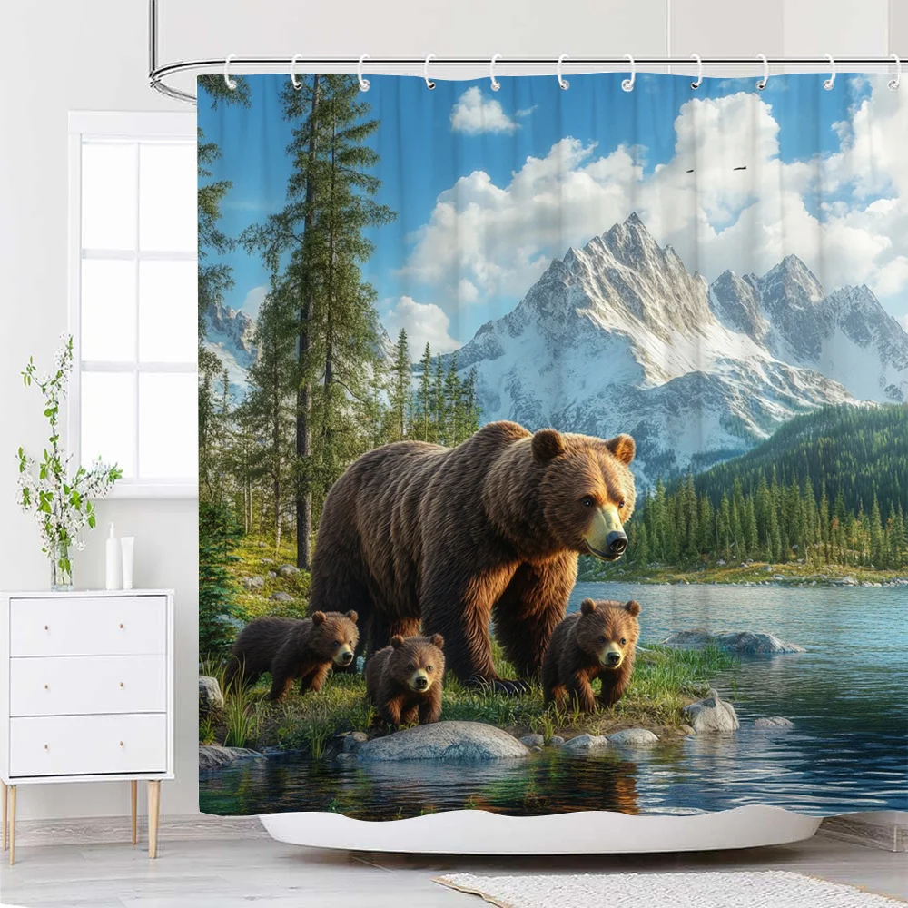 

Bear Family Shower Curtain – Realistic Mountain Lake Scene, Waterproof Polyester, Nature-Inspired Bathroom Decor with 12 Hooks