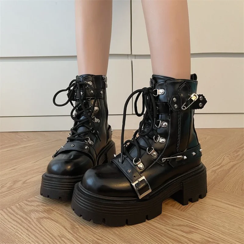 New Gothic Style Platform Women Mid-calf Boots 2024 Winter Wedges Comfy Women Motorcycle Boots Shoes