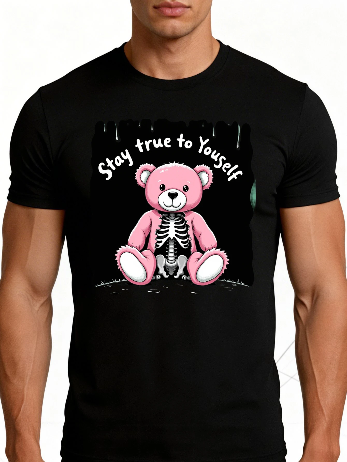 Men's Plain Graphic T-Shirt - Breathable, Soft, and Lightweight - Pink Bear with a Skeleton Inside - Vintage Fun Graphic Casual Short-Sleeve Summer Top, Gift for Him