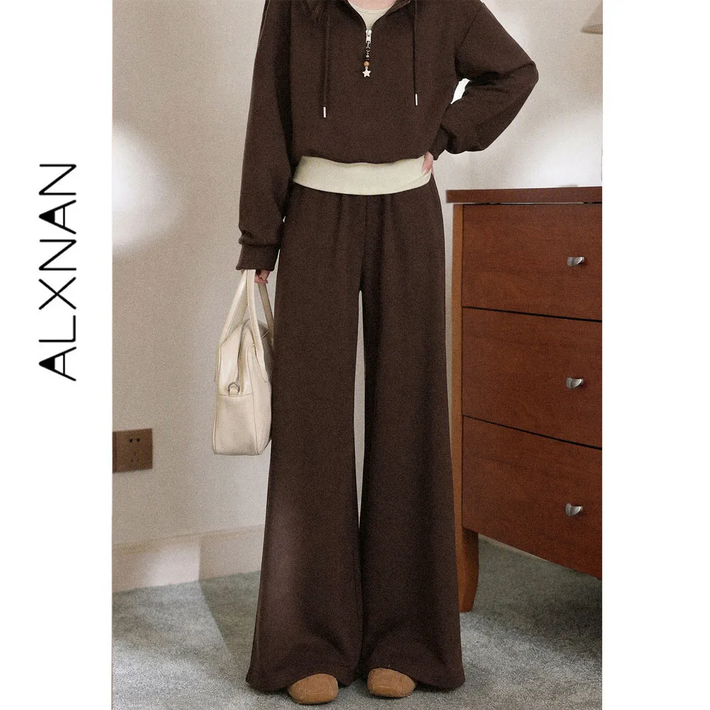 ALXNAN Vintage Brown Pants Women 2026 Autumn Flattering Straight Wide-leg Casual Pants Fashion Long Baggy Trousers L679167A