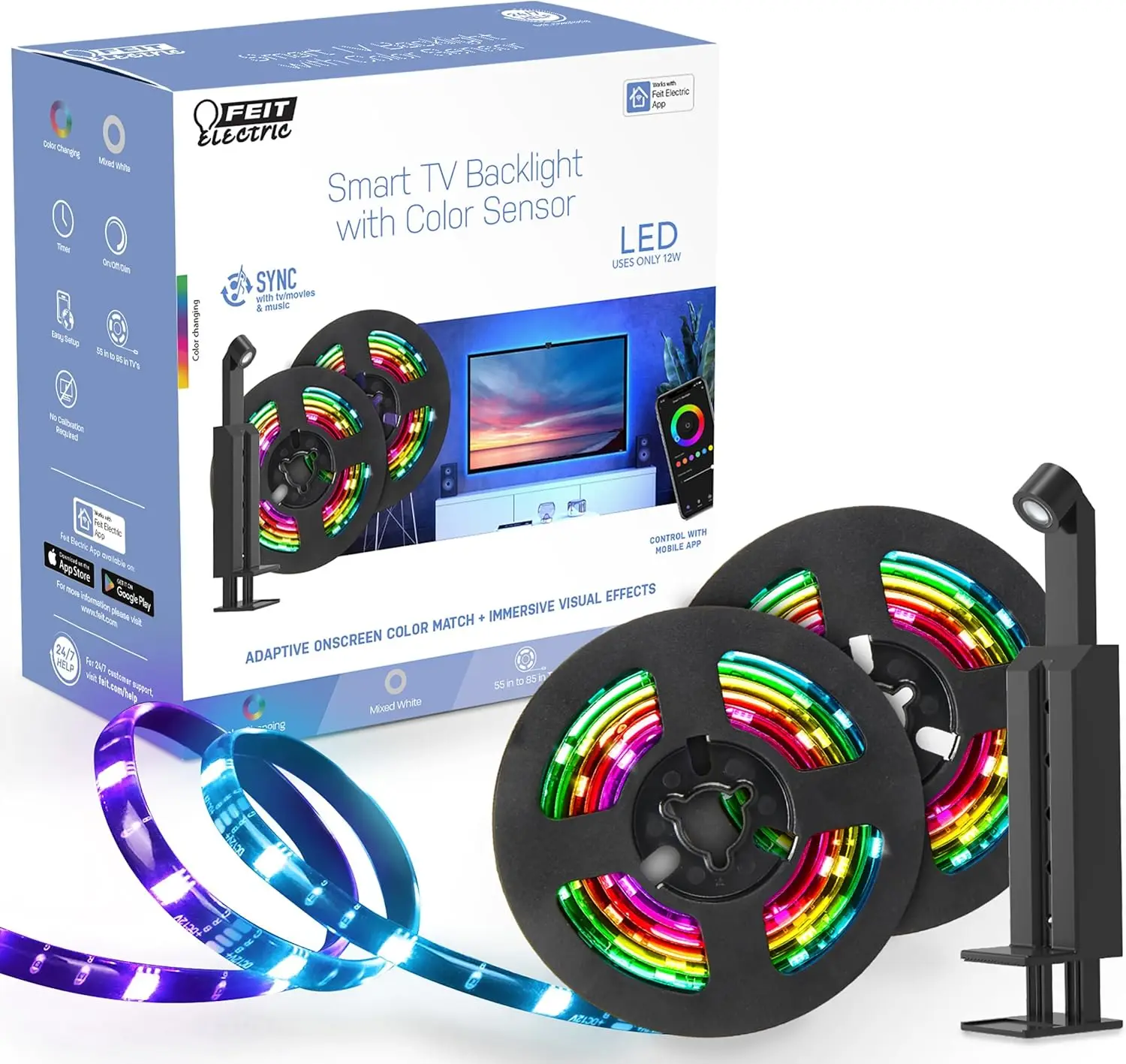

Smart TV Backlight with Color Sensor and 11.5ft LED Tape Light Supports 55'-85' TVs, RGB Backlight, No Hub Required