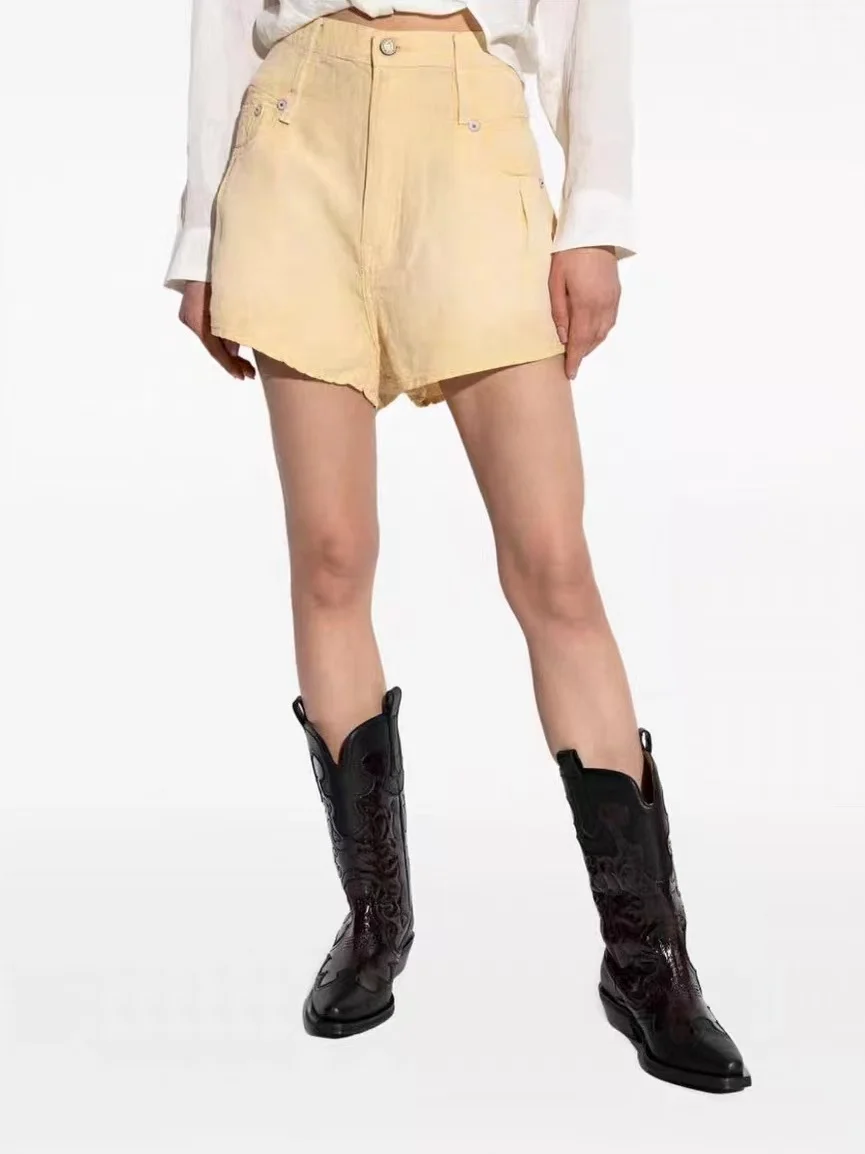 

Summer 2025 new French retro linen washed high-waisted yellow short loose slimming casual pants for women