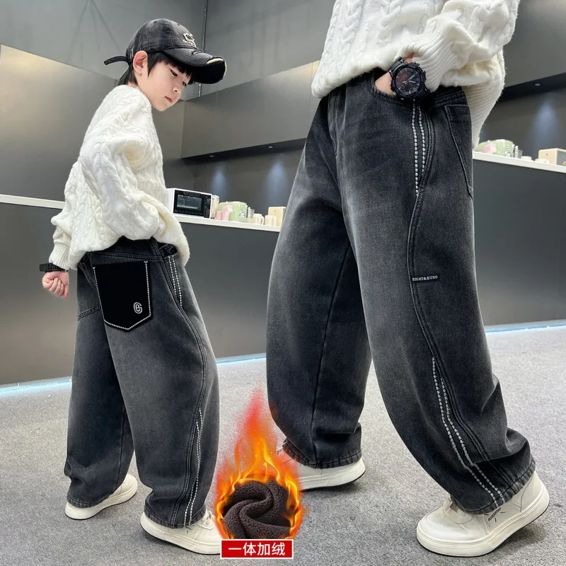 Cowboy Autumn Winter Boys Thermal Jeans High Street Denim Pants Child Retro Blue Warm Baggy Insulated Jeans Trousers For Kids