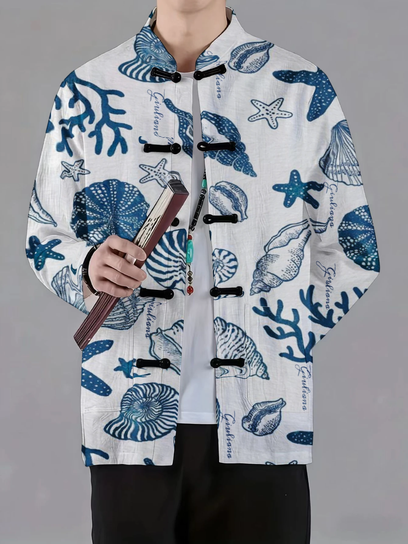 Men Men Mandarin Collar Frog Button Jacket Marine Theme Art Print Traditional Outerwear - Aliexpress Deal