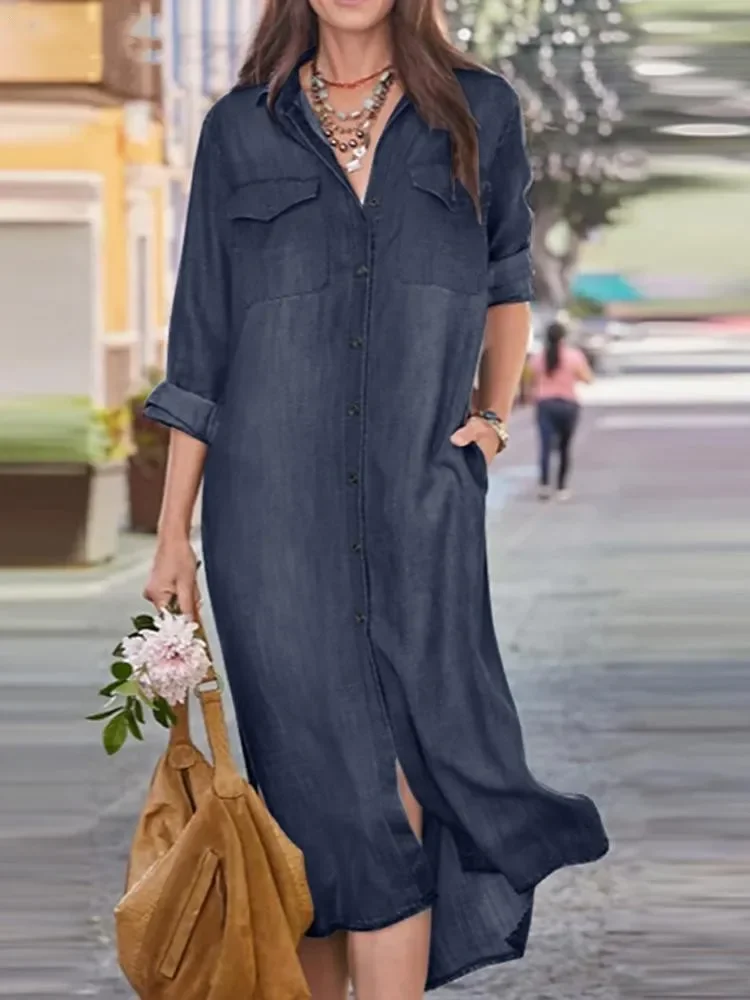 Women Eid Muslim Dresses Dubai Arab Loose Kaftan Islam Denim Dress Single Breasted Morocco Vestidos Solid Casual Pockets