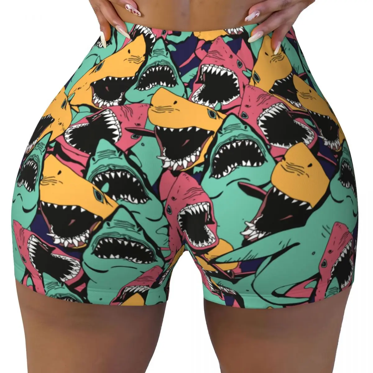 

Custom Sharks Heads Workout Shorts Women's Gym Running Biker Yoga Shorts