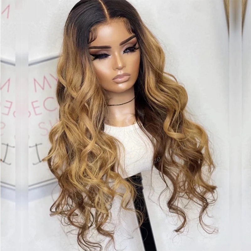 26“Long Ombre Blonde Body Wave Preplucked Soft 180%Density Natural Hairline Glueless Lace Front Wig For Black Women Babyhair Wig