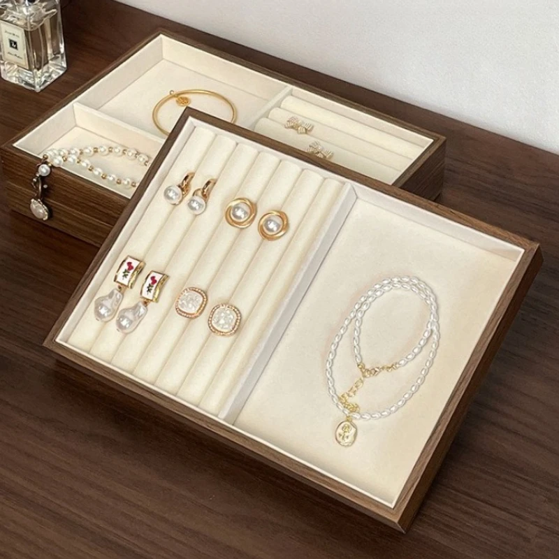 

Wood Jewelry Display Tray Velvet Desktop Jewelry Storage Holder Ring Earrings Necklace Bracelet Organizer Jeweler Exhibitor Box