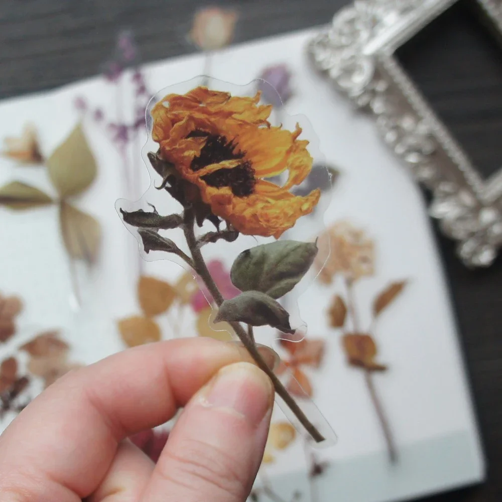 

38pcs Natural Dry Flowers Sunflower Rose Wild Flower Style Transparent Sticker Scrapbooking DIY Gift Decoration Tag