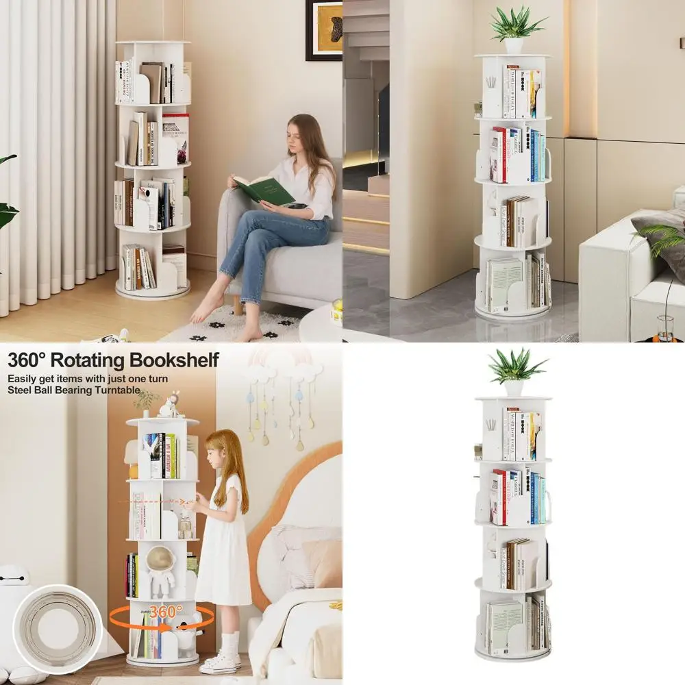 

4-Tier Rotating Corner Bookshelf - Wooden Floor Storage Organizer for Home, Office, Living Room, Bedroom, and Kids' Room