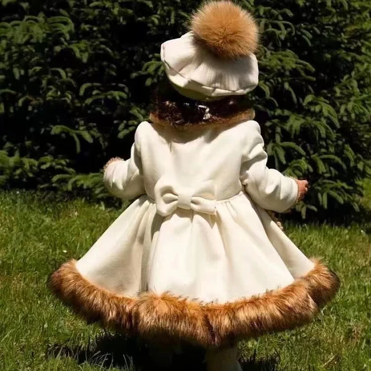 1-12Y Baby Girl Autumn Winter Handmand Customized Real Fur England Spanish White Princess Wool Coat for Casual