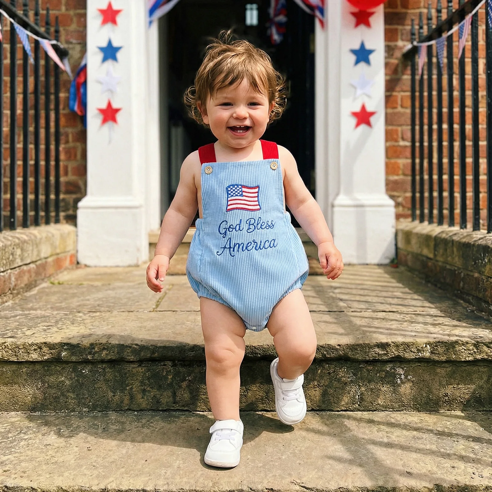 

Baby Summer corduroy Romper Sleeveless Embroidery Letters Flag Summer Bodysuit Overalls 4th of July Clothing for Girls Boys