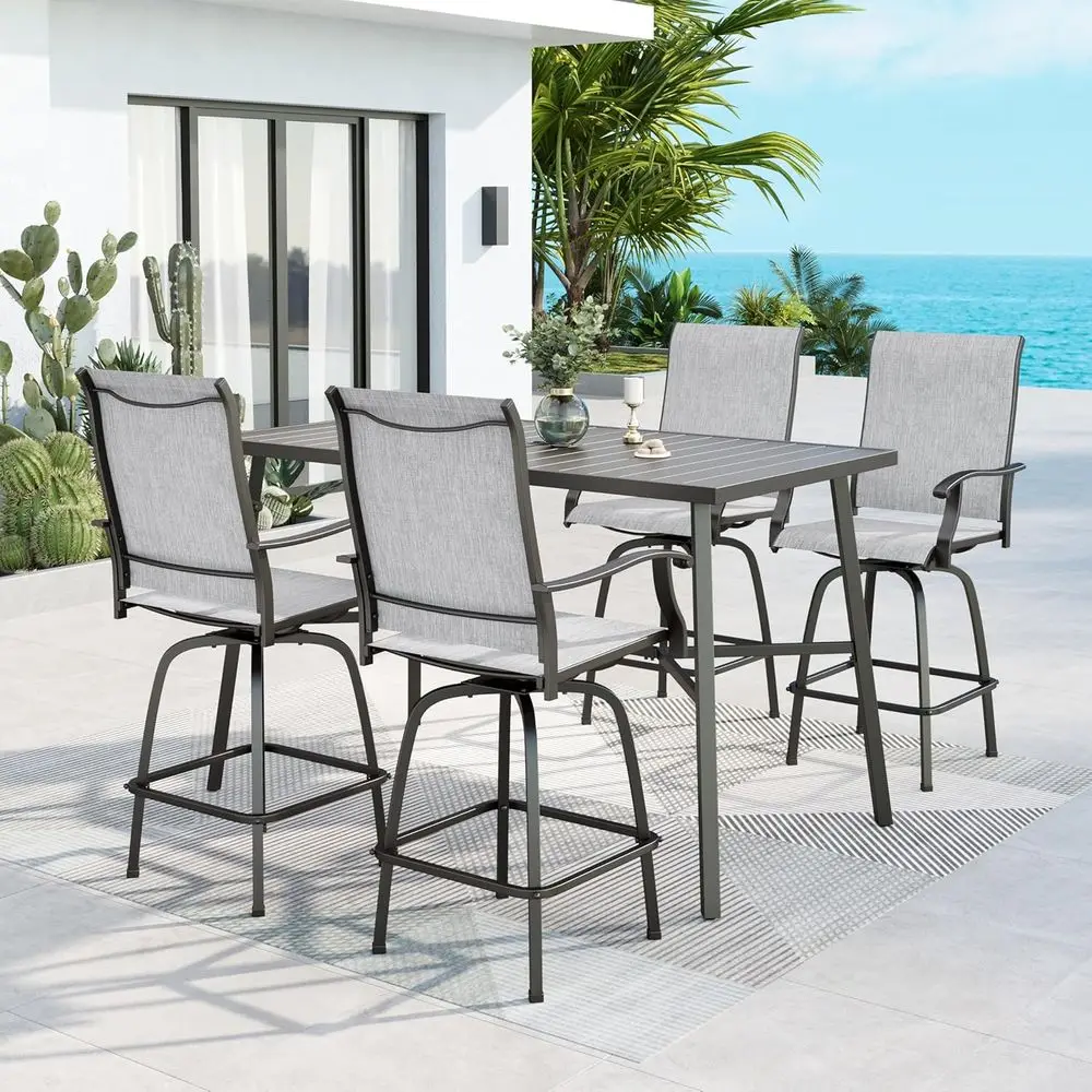 

Outdoor High Top Patio Bar Set: 1 Metal Slat Table & 4 Swivel Bar Stools, Light Grey