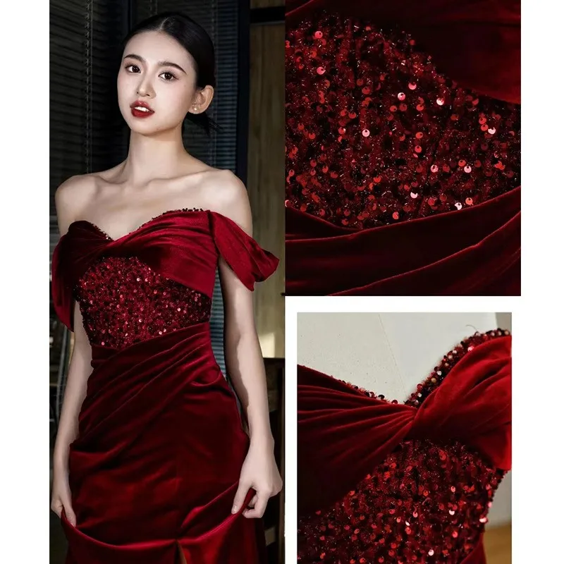 

Fishtail Toast Clothing Wine Red Dress off-Shoulder Velvet Sequins Elegant Women