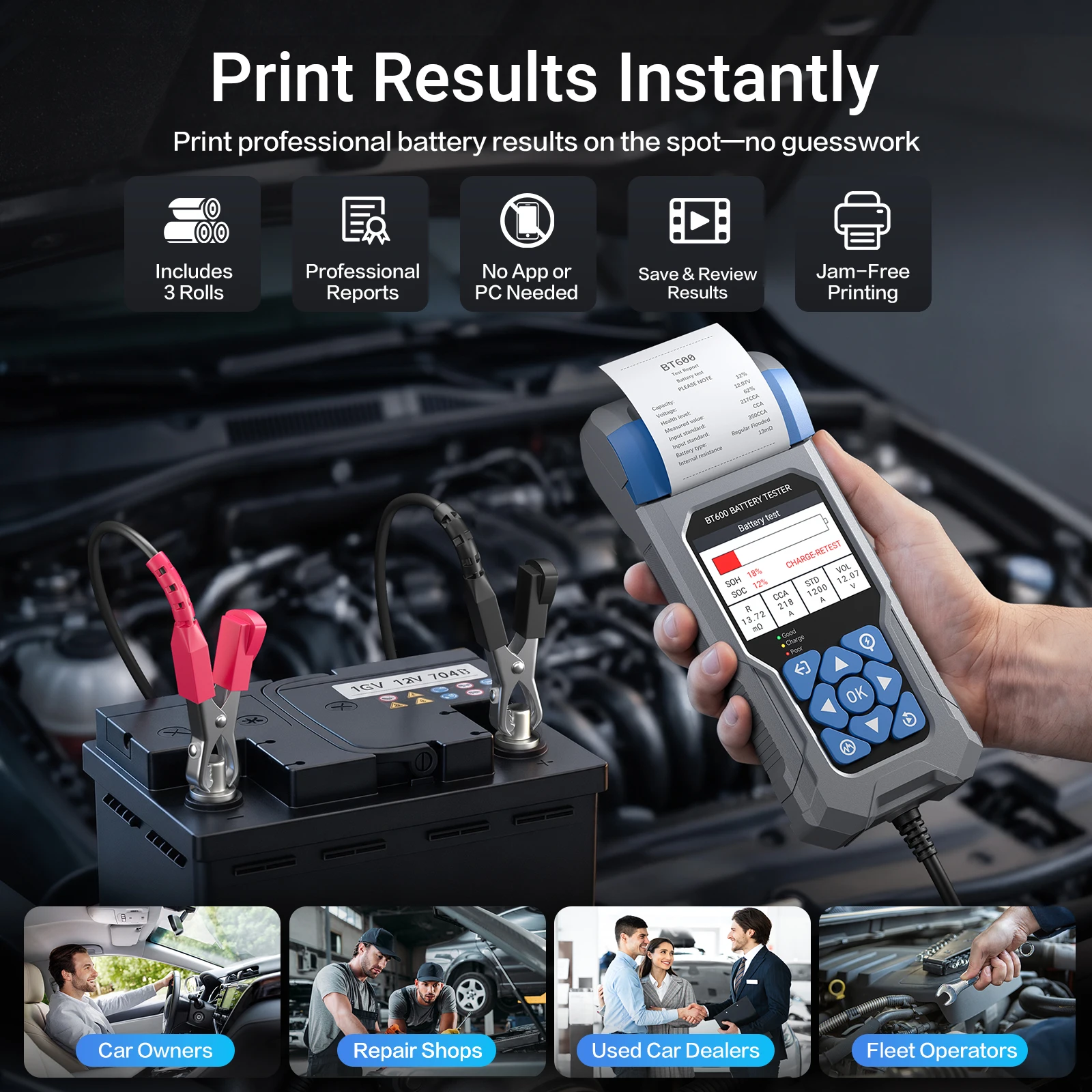 VDIAGTOOL BT600 Car Battery Tester with Printer Lithium Battery Alternator Tester 6-24V Auto Charging Cranking System Analyzer view 2