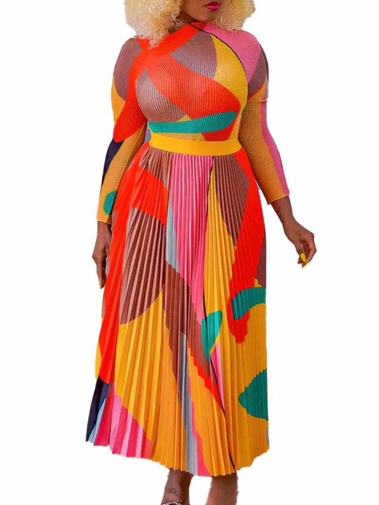 

Long Skirt Two Piece Africa Clothing For Women Matching Sets Fall Print Long Sleeve Top And Pleated Skirt Suit Party 2Piece Set