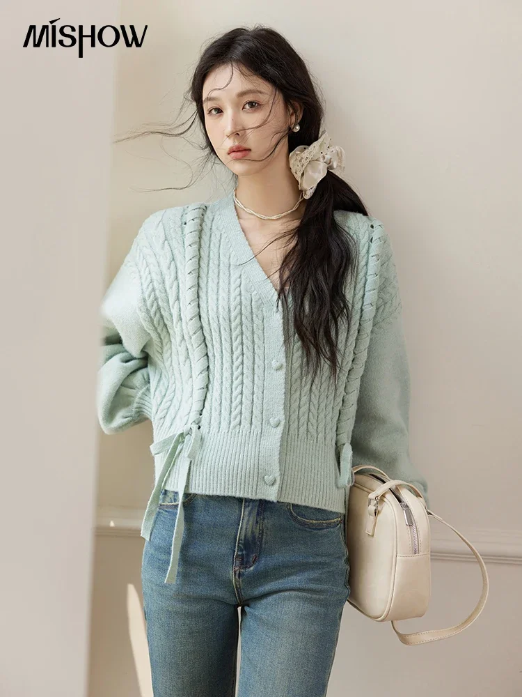 MISHOW Mint Green Knit Cardigan Women V-Neck Drop Sleeve Tops Casual Versatile Love Button Sweater Bow Tie Sweet Top MXD34Z0940