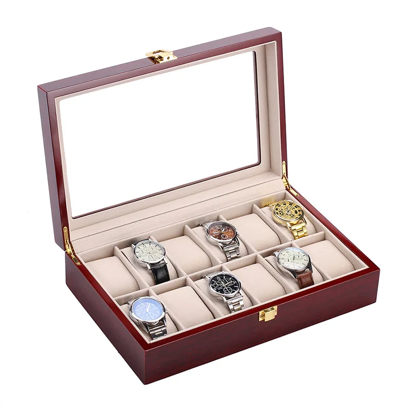 

Wooden Luxury Watch Box 2/3/5/6/10/12 Slots Red Boxes Stoving Varnish Home Jewelry Storage Organizer Transparent Glass Show