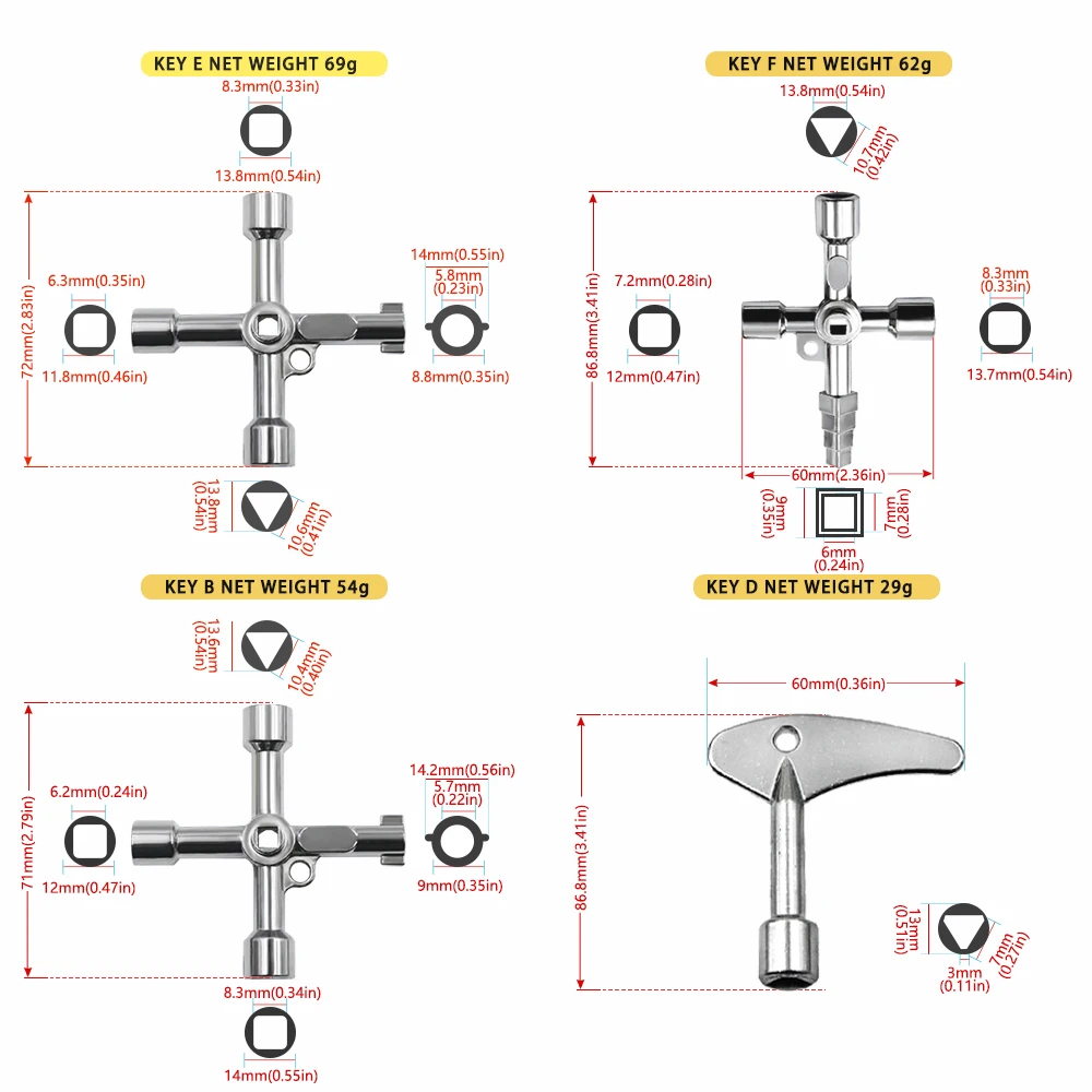 Electric Cabinet Car Elevator Cross Key Wrench Water Meter Valve Key Internal Triangle Wrench Multi-purpose Tool Portable Kit