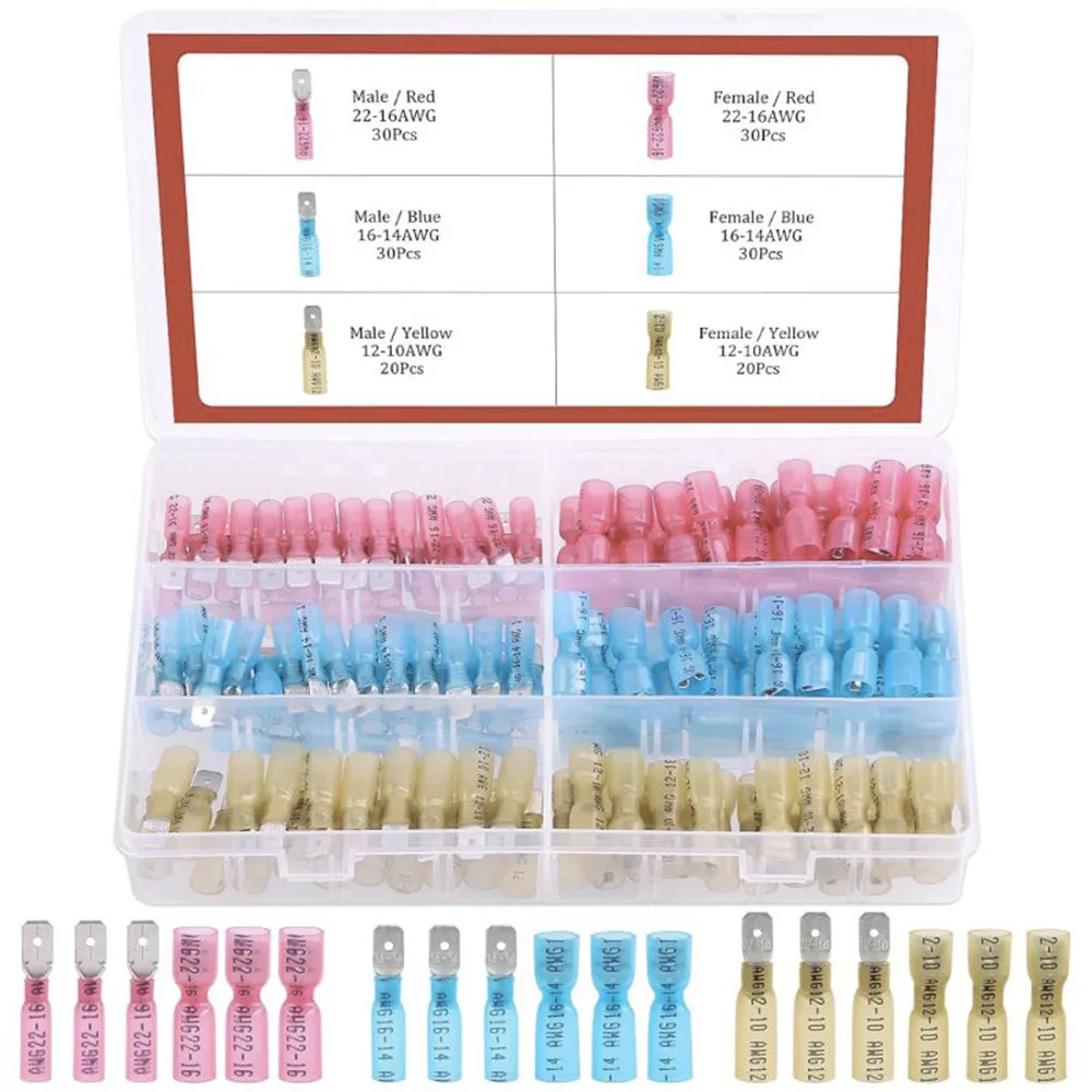 160Pcs Waterproof Heat Shrink Female Male Spade Connectors Fully Insulated Terminals Electrical Wire Crimp Connectors Kit