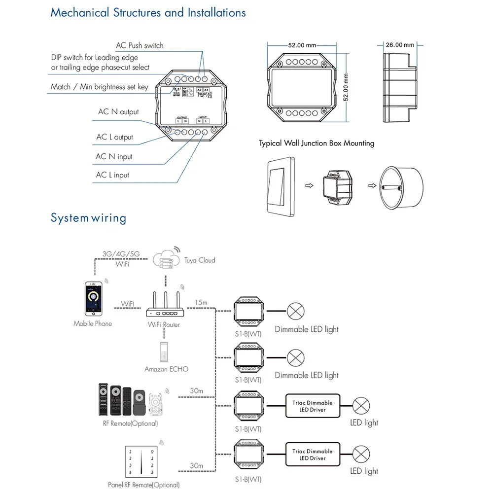 Tuya WIFI S1-B (WT) AC110V-220V Triac LED Wireless RF Dimmer Panel Switch 2.4G Wireless Dimming Remote Controller for Alexa Echo