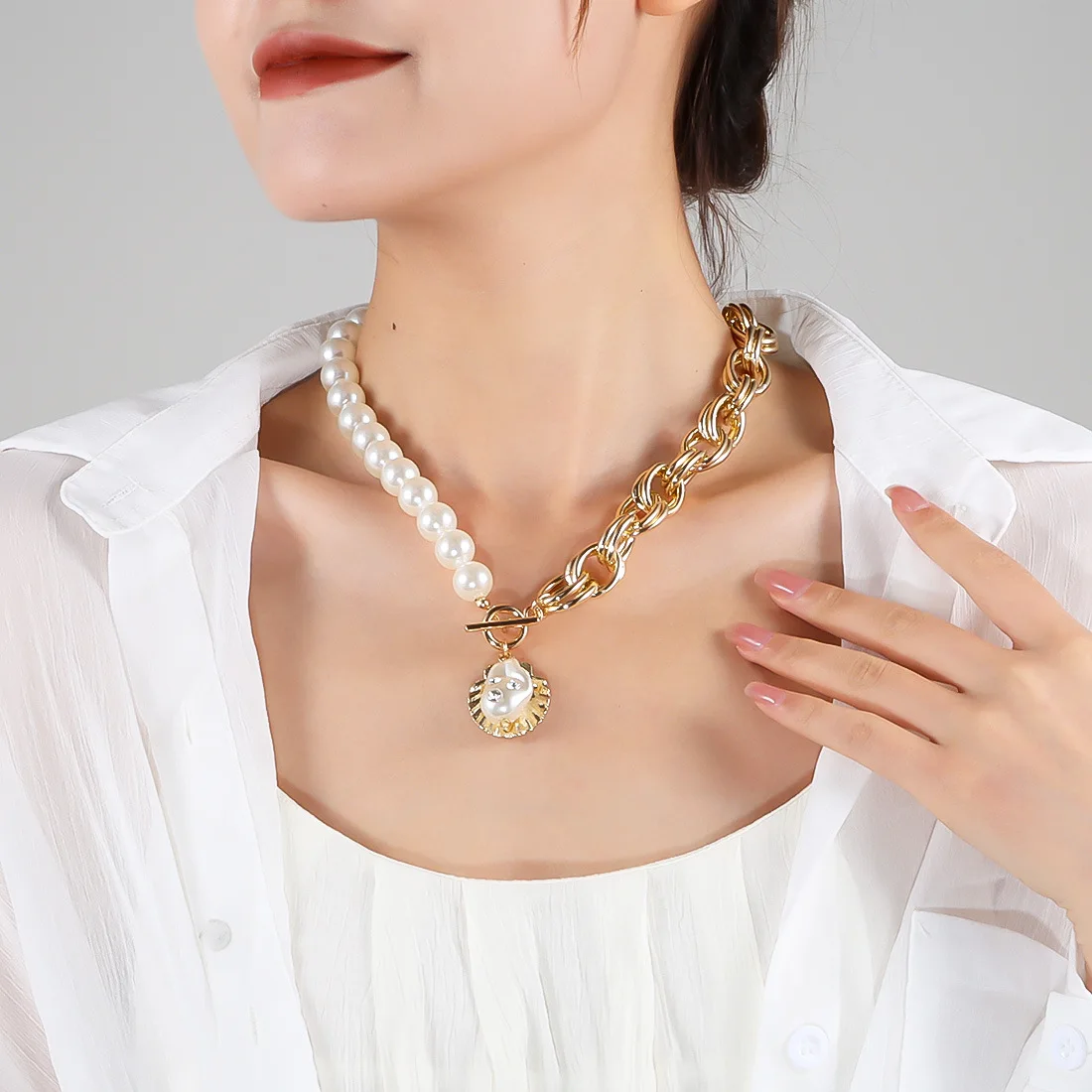 DIY accessories European and American cross-border necklace fashion pearl necklace women, pearl splicing shell pendant collarbon