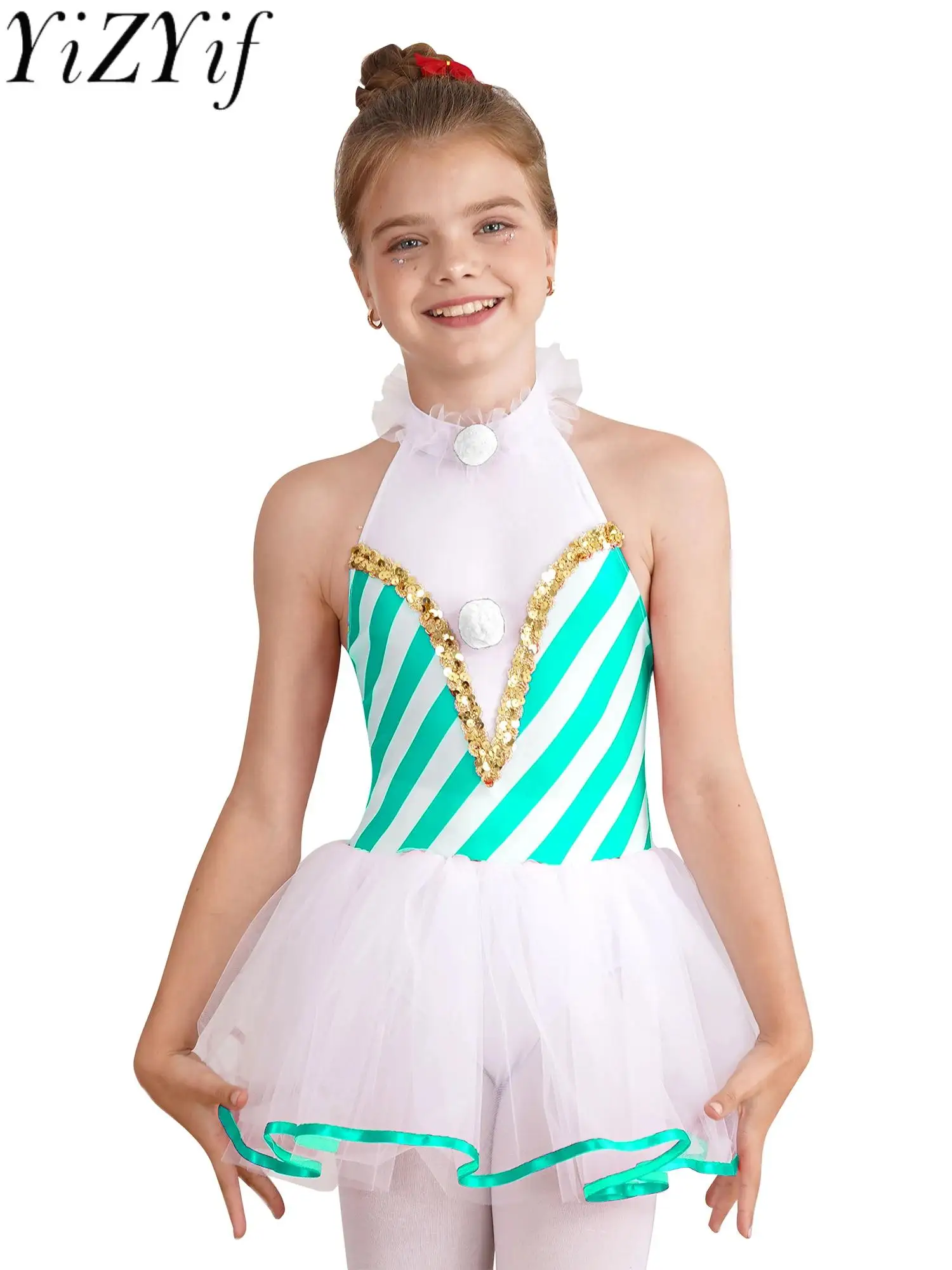 Children Girls Christmas Dance Dress New Year Party Cosplay Performance Costume Sleeveless Striped Print Candy Cane Leotard Tutu