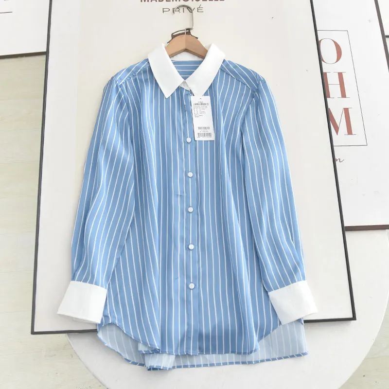 

McSystem 2023, весенний высококачественный индивидуальный цветной блуэтный воротник, свободный женский повседневный топ в синюю полоску irt