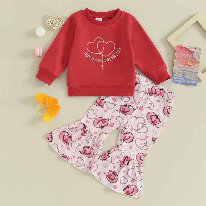 Adorable Toddler Girl Valentine s Day Outfit Heart Print Sweatshirt Top Flare Pants Set with Elastic Waistband