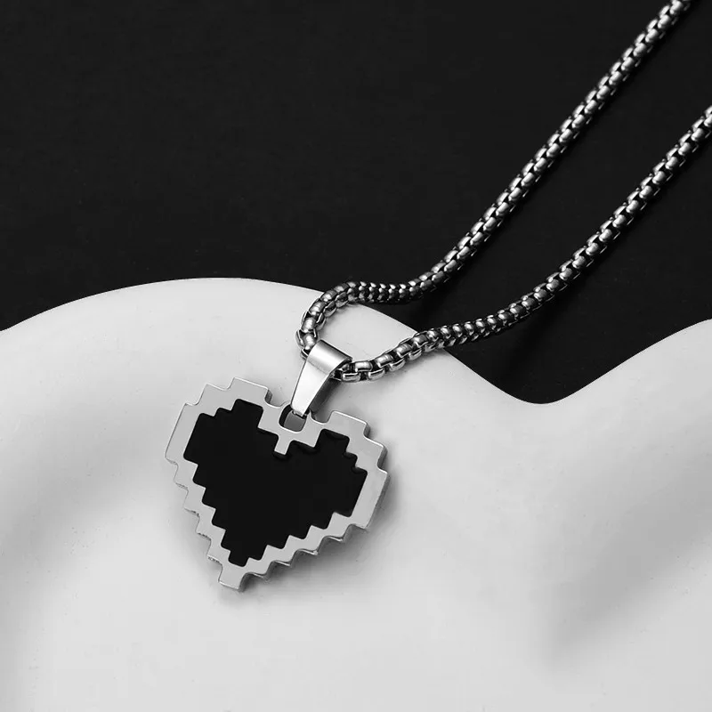 Punk Retro Heart-shaped Necklace Stainless Steel Black Color Enamel Heart-shaped Pendant Box Chain Necklace Neutral Jewelry Gift