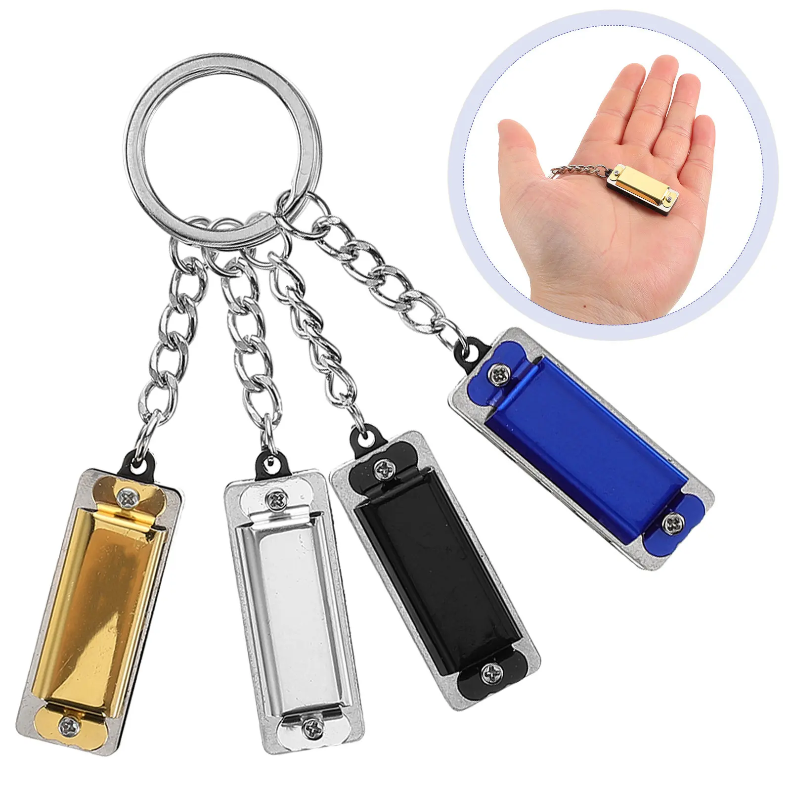 4Pcs Mini Harmonica Keychain Compact Metallic Finish Musical Pendant for Kids Beginners Early Music Education Keyring Holder