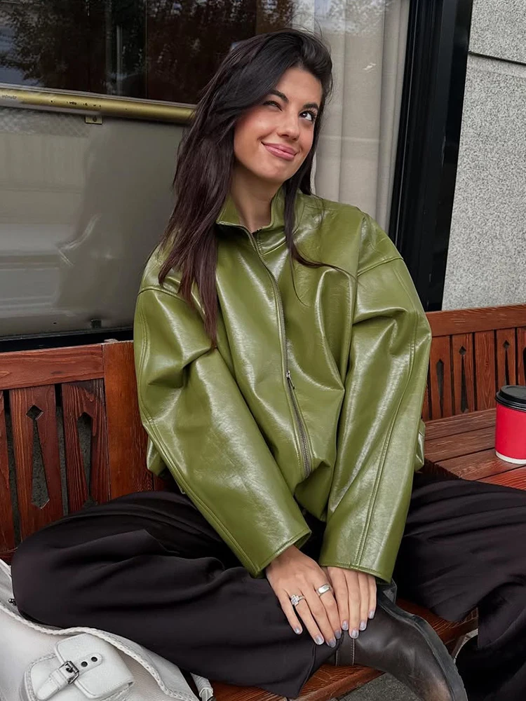 

Fashion Olive Green Leather Women Jacket Stand Collar Zipper Closure Long Loose Coats Autumn Chic Street Commute Lady Outerwear