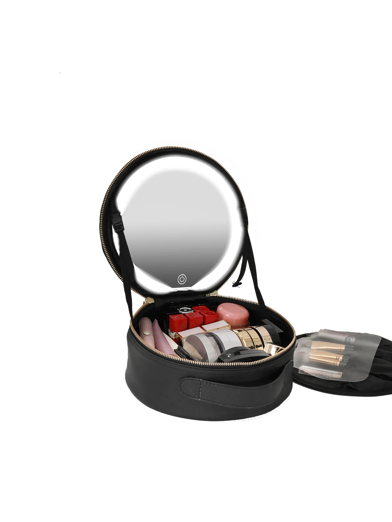 LED Illuminated Travel Makeup bag, USB Powered, Foldable Countertop Cosmetic Cases, PU Leather, with 3 Color Lighting Modes