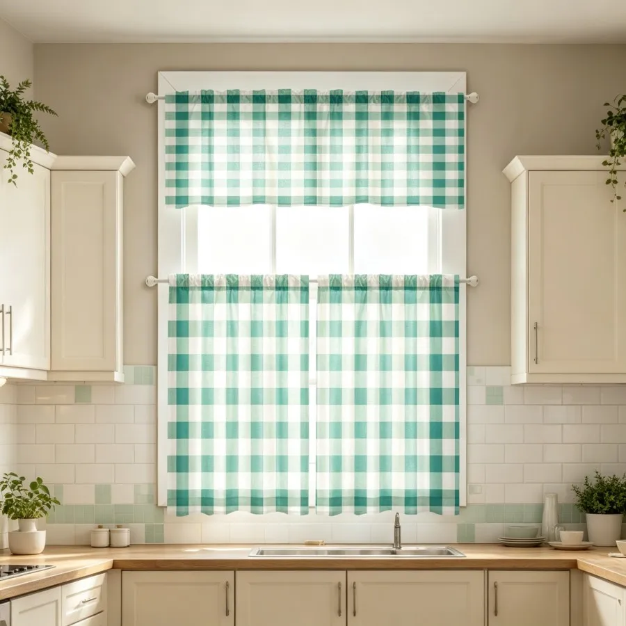 Minimalist Kitchen Curtains, Teal White Gingham Check, Digital Print, Kitchen Dining Room, Rod Pocket Polyester, Home Decor