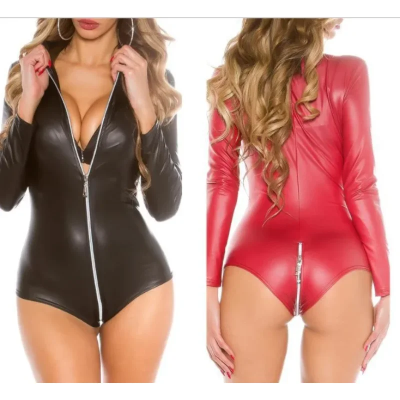 Sexy Open Crotch Leather Bodysuit for Sex Zipper Body Suits Women Pvc Dress Sexi Breast Exposing Crotchless Latex Lingerie sissy