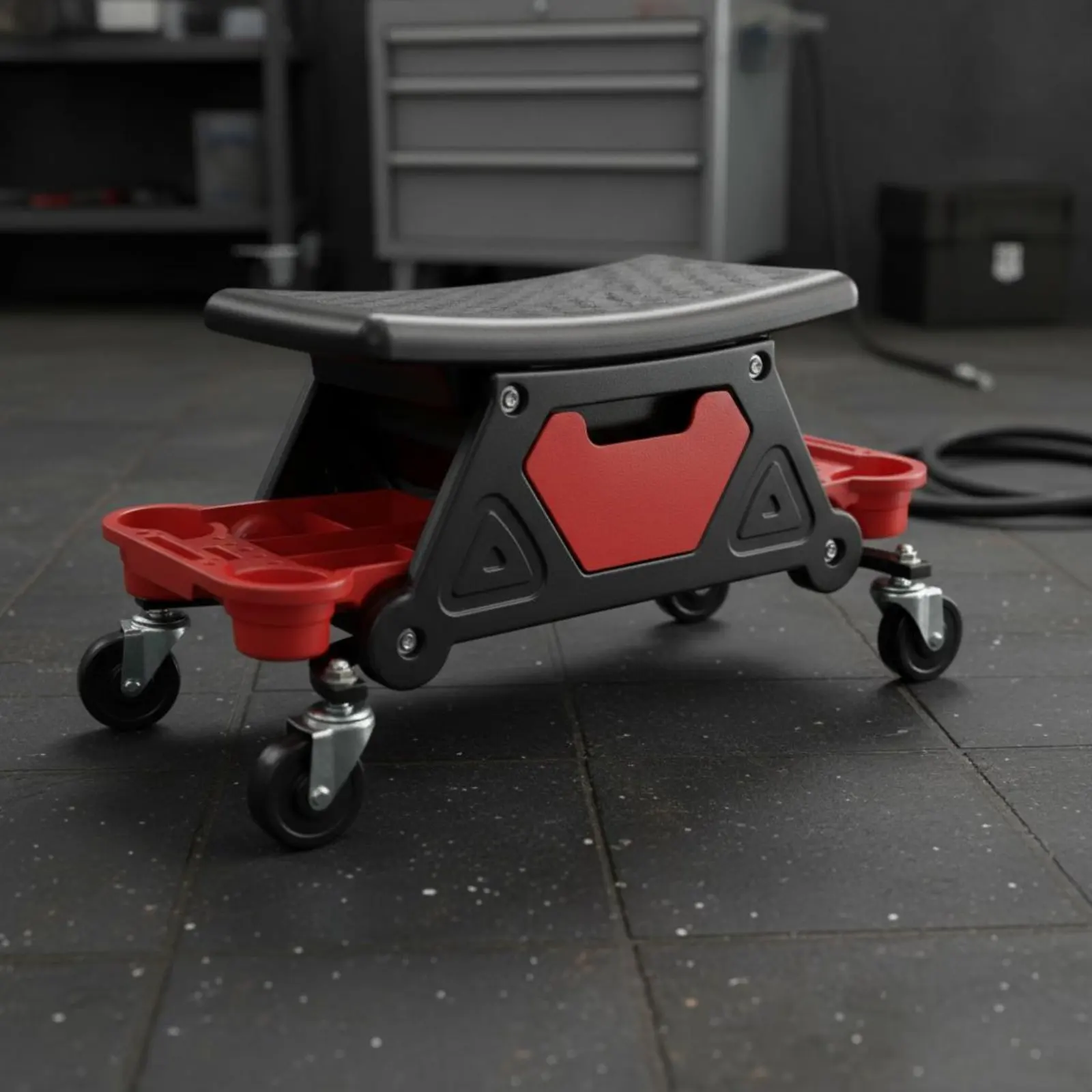 自動車整備用ワークスツール、ツールトレイ付き、360度回転キャスター、ローリングメカニックスツール、作業場設備、低床設計