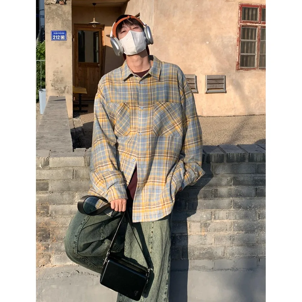 

Loose Fit Long Sve Plaid irt Men's Casual Early Autumn y Student Turn-down Collar Cotton Linen Polyester Blend