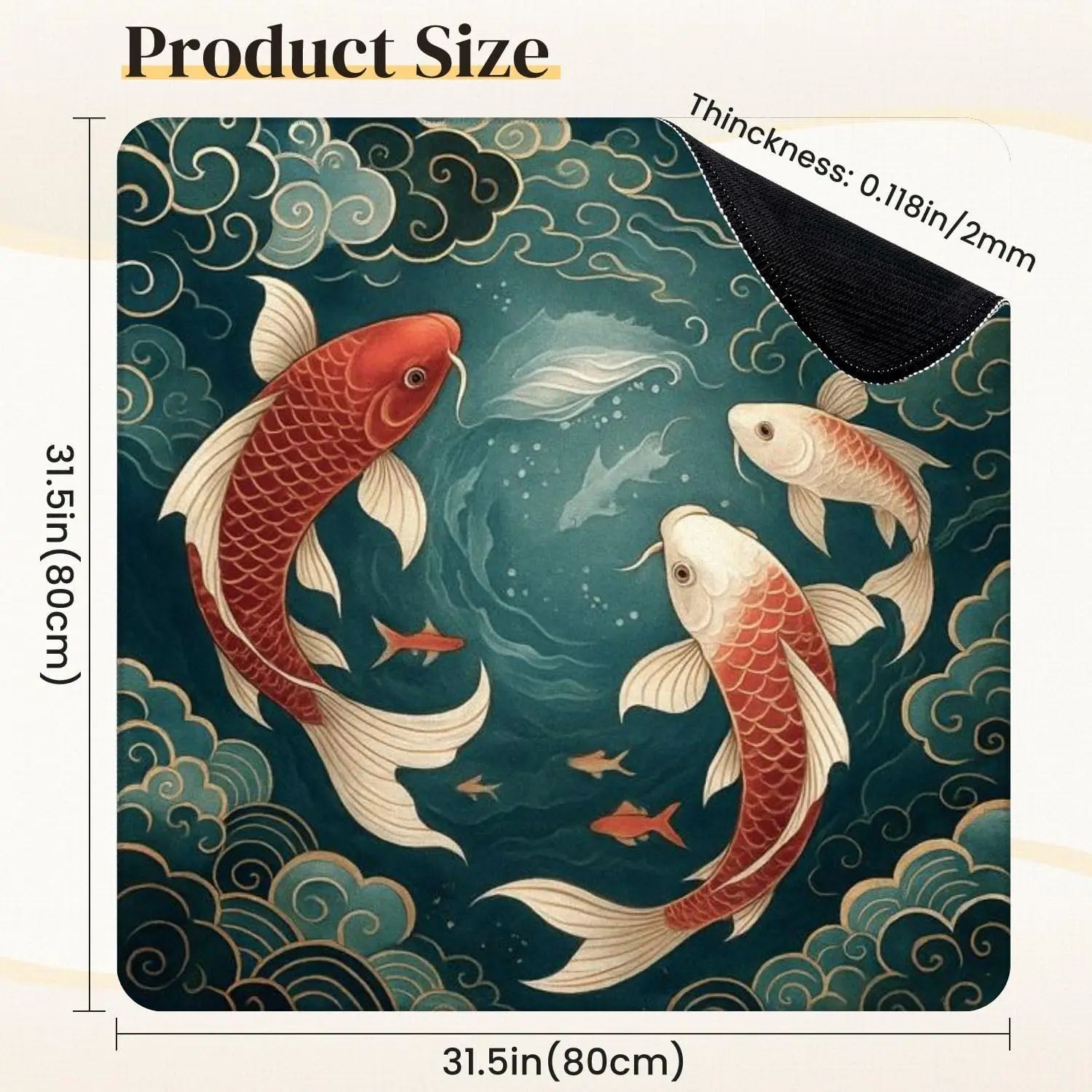Elegant Cloud Flowing Water Swimming Fish Mahjong Mat 31.5 X31.5 Inch Non Slip Noise Reduction for Mahjong Poker Dominoes