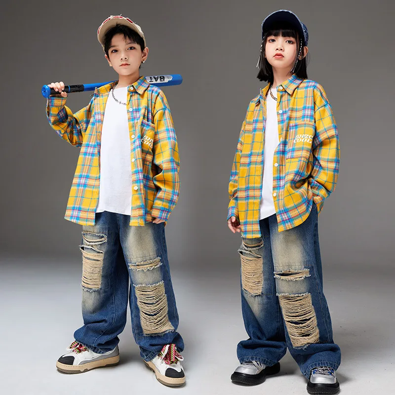 

Children Runway Show Costume Hip Hop Dacing Clothes Yellow Shirt Jeans Street Dance Performance Wear Jazz Dance Outfit DL11150