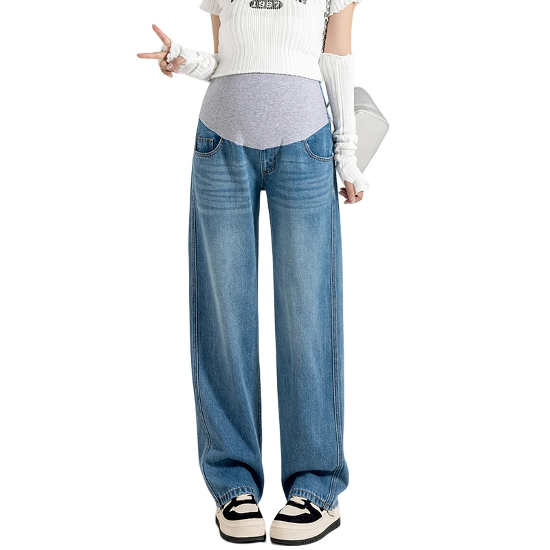 Jeans jeans casual para gestantes, calça reta e solta na barriga, calças compridas para gravidez, roupas para primavera e outono