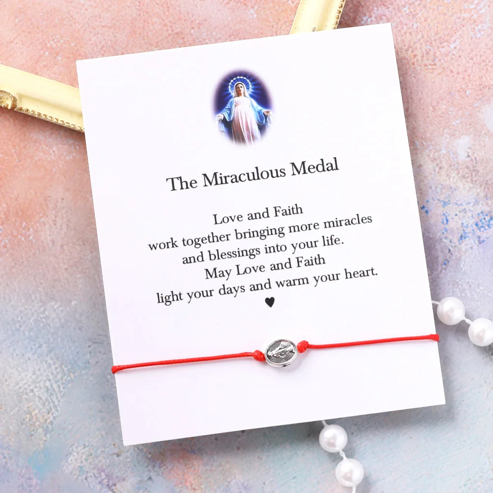 Pulsera de deseos con medalla milagrosa, amuleto de la Virgen María, pulsera de protección de hilo rojo, joyería religiosa, pulsera de fe religiosa, regalos