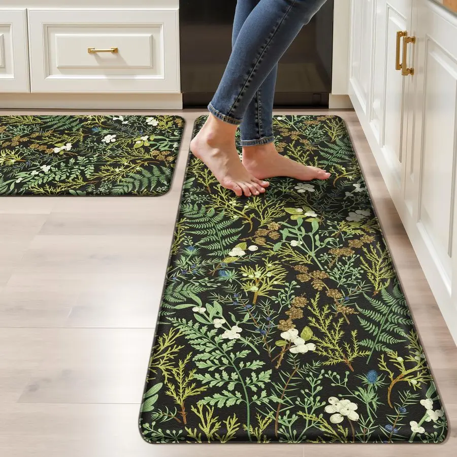 

Black Green Botanical Kitchen Rugs Set of 2 Plant Leaf AntiFatigue Kitchen Mat Natural Comfort Standing Waterproof PVC Mats 2 5