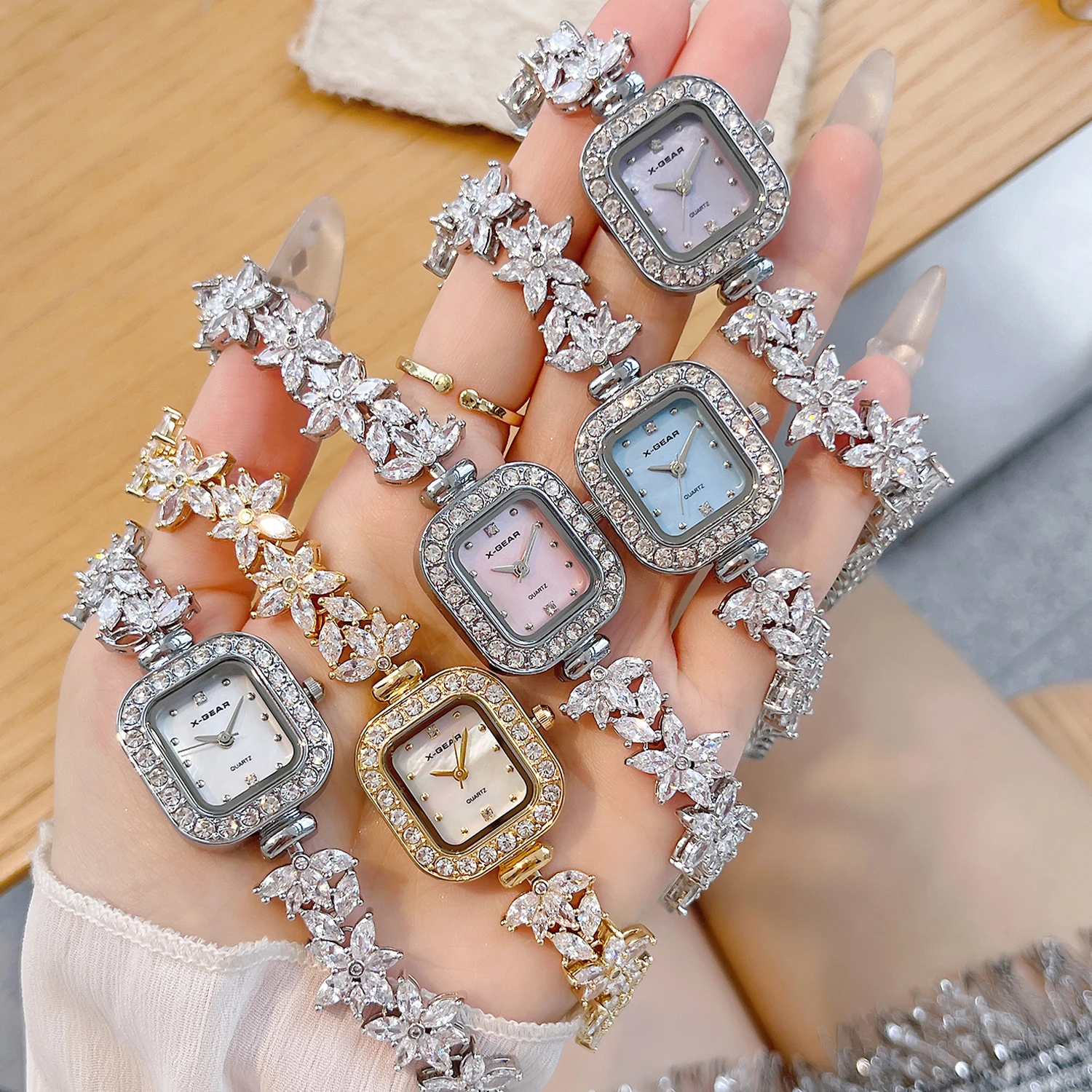 X-GEAR Women's Quartz Watch - Crystal-Embedded Steel Bracelet, Designer Square Wristwatch