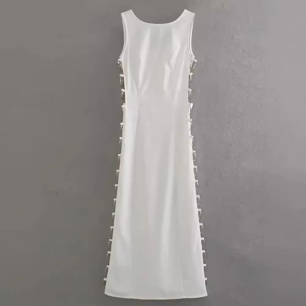 Sexy Aushöhlen Eisen Ring Verbunden Kleid Frauen Elegante O Hals Ärmellose Maxi Kleider Frühling Chic Weibliche Party Streetwear