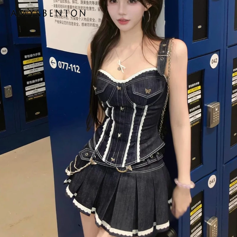 

European American Retro Sweet Cool Hot Girls Women's Denim Sling Vest 2025 Summer New Pleated Short Skirt Two-piece Suit Ladies
