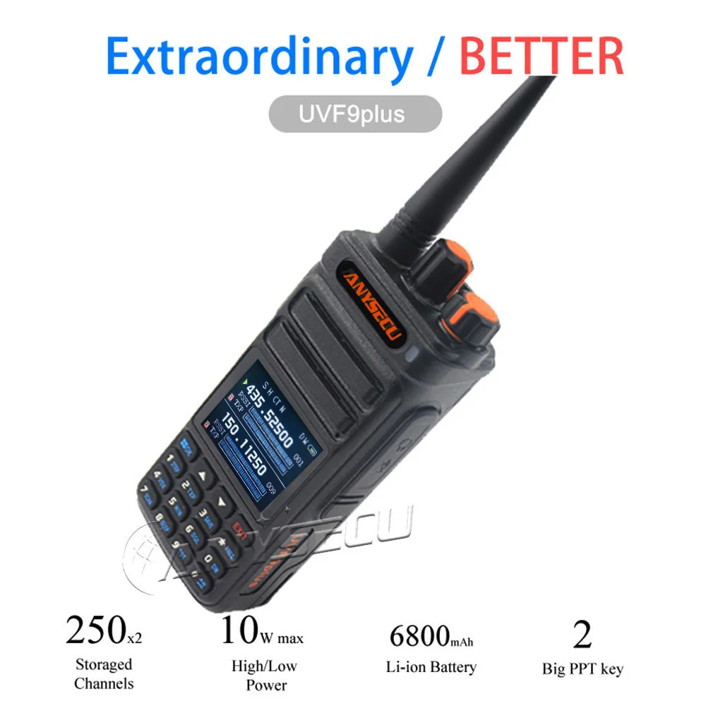 Anysecu UVF9plus CTCSS DCS VHF 136-174Mhz UHF 400-520Mhz Two Way Radio Long Range 10Km 6800mAh Radio Walkie Talkie