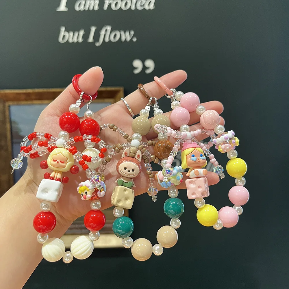 

New Kawaii Labubu Keychain Hand-painted Beads Beading Schoolbag Pendant Cartoon Couple Cell Phone Chain Women and Men Gifts